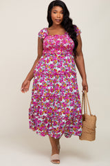 Magenta Floral Smocked Ruffle Tiered Midi Dress