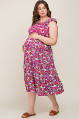 Magenta Floral Smocked Ruffle Tiered Maternity Midi Dress