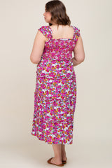 Magenta Floral Smocked Ruffle Tiered Maternity Midi Dress