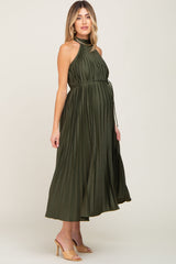 Olive Pleated Maternity Halter Dress