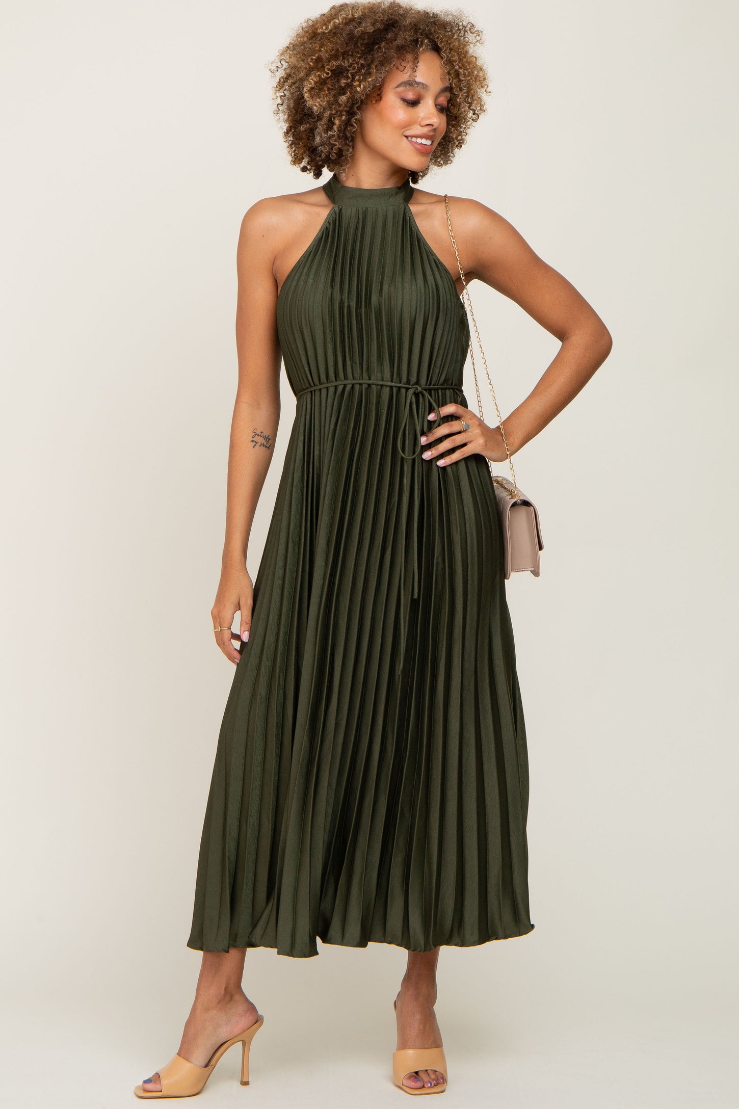 PinkBlush Olive Pleated Maternity Halter Dress PinkBlush Olive Pleated Maternity Halter Dress