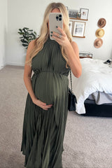 Olive Pleated Maternity Halter Dress
