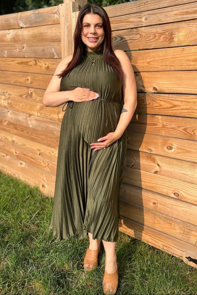 Olive Pleated Maternity Halter Dress