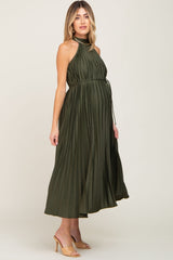 Olive Pleated Maternity Halter Dress