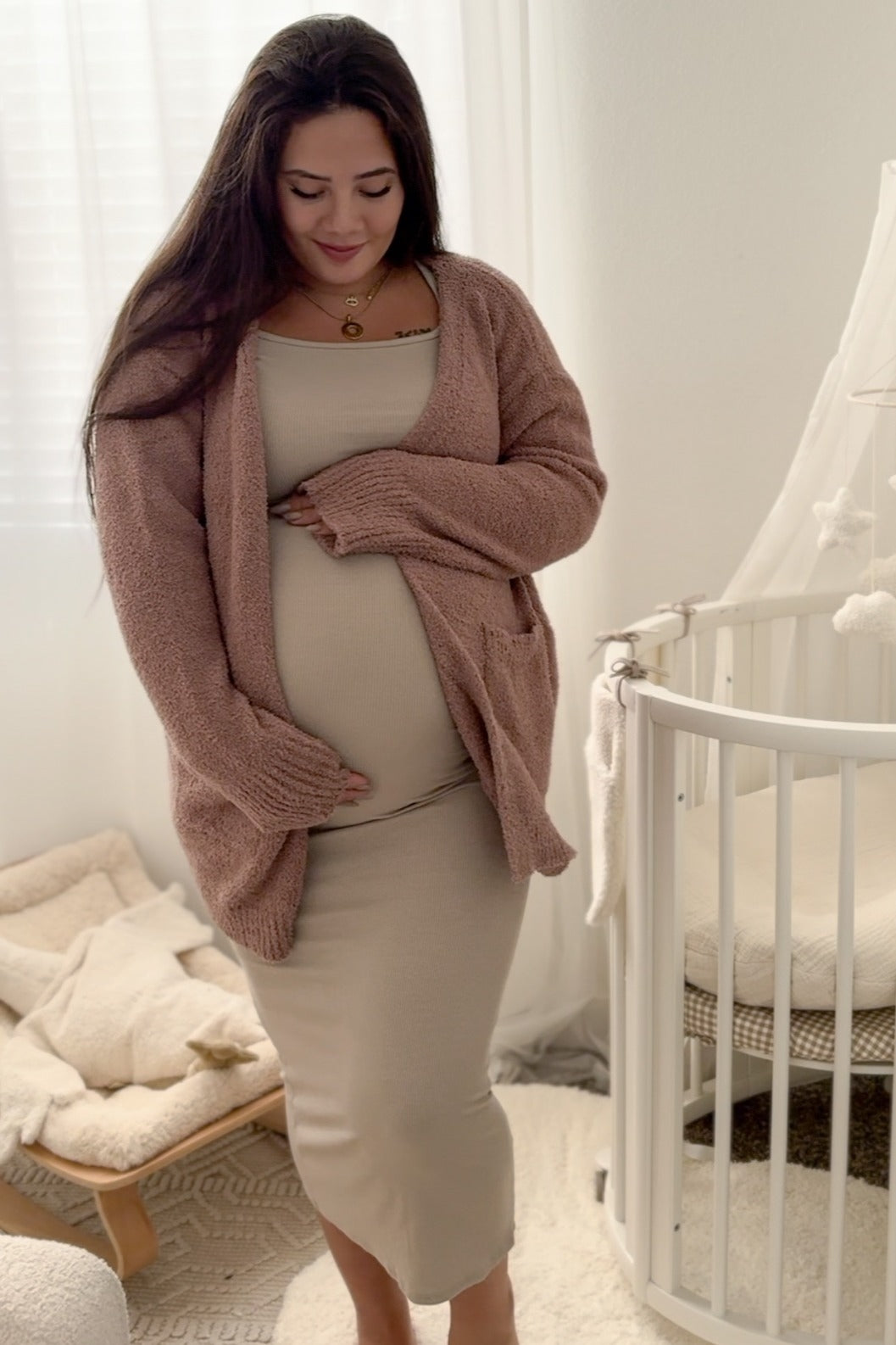 Mocha Fuzzy Knit Front Pocket Maternity Cardigan