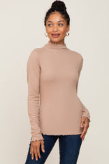 Taupe Ribbed Mock Neck Lettuce Trim Maternity Long Sleeve Top