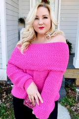 Fuchsia Foldover Off Shoulder Sweater