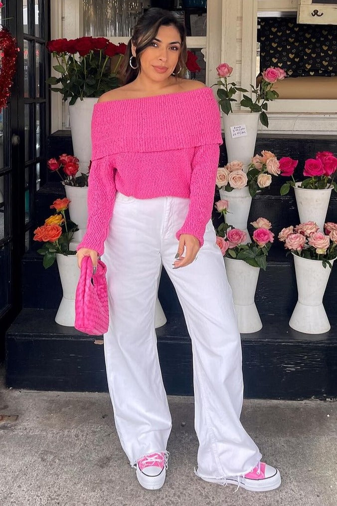 Fuchsia Foldover Off Shoulder Sweater