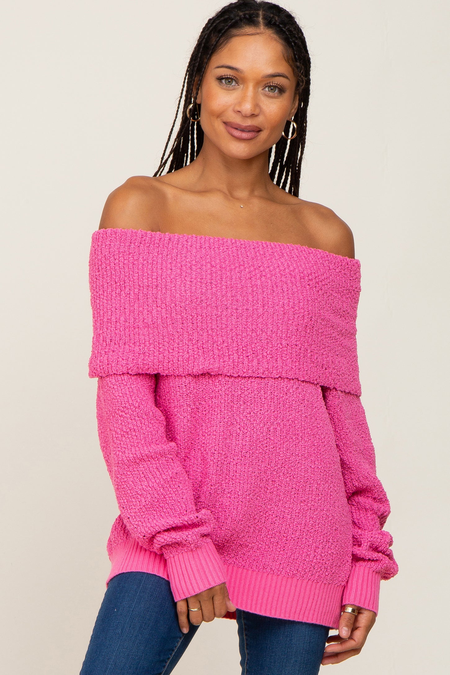 hot pink off the shoulder sweater dress Kassy Off Shoulder Midi Dress - Hot Pink