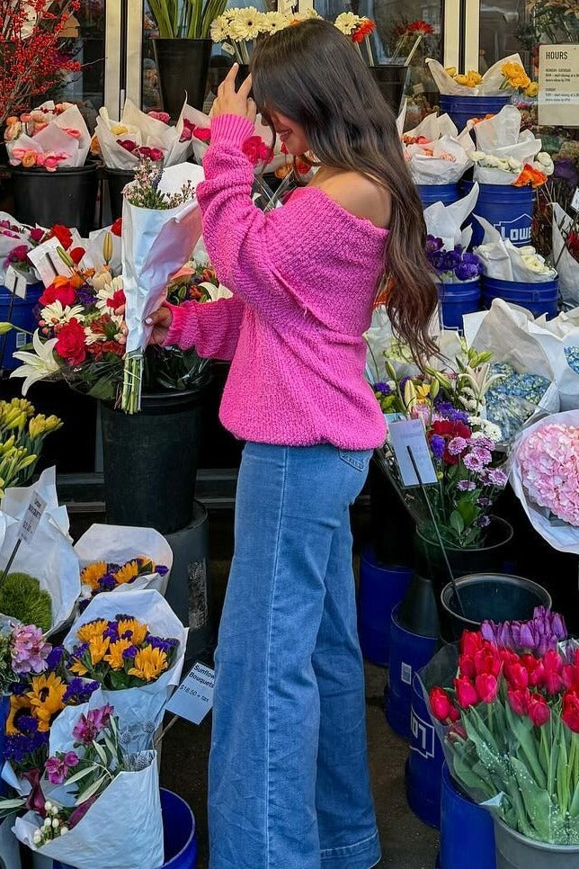 Fuchsia Foldover Off Shoulder Sweater