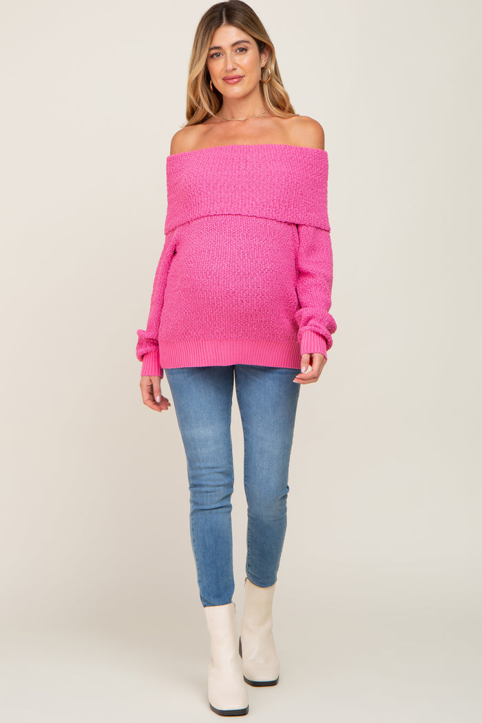 Fuchsia Foldover Off Shoulder Maternity Sweater