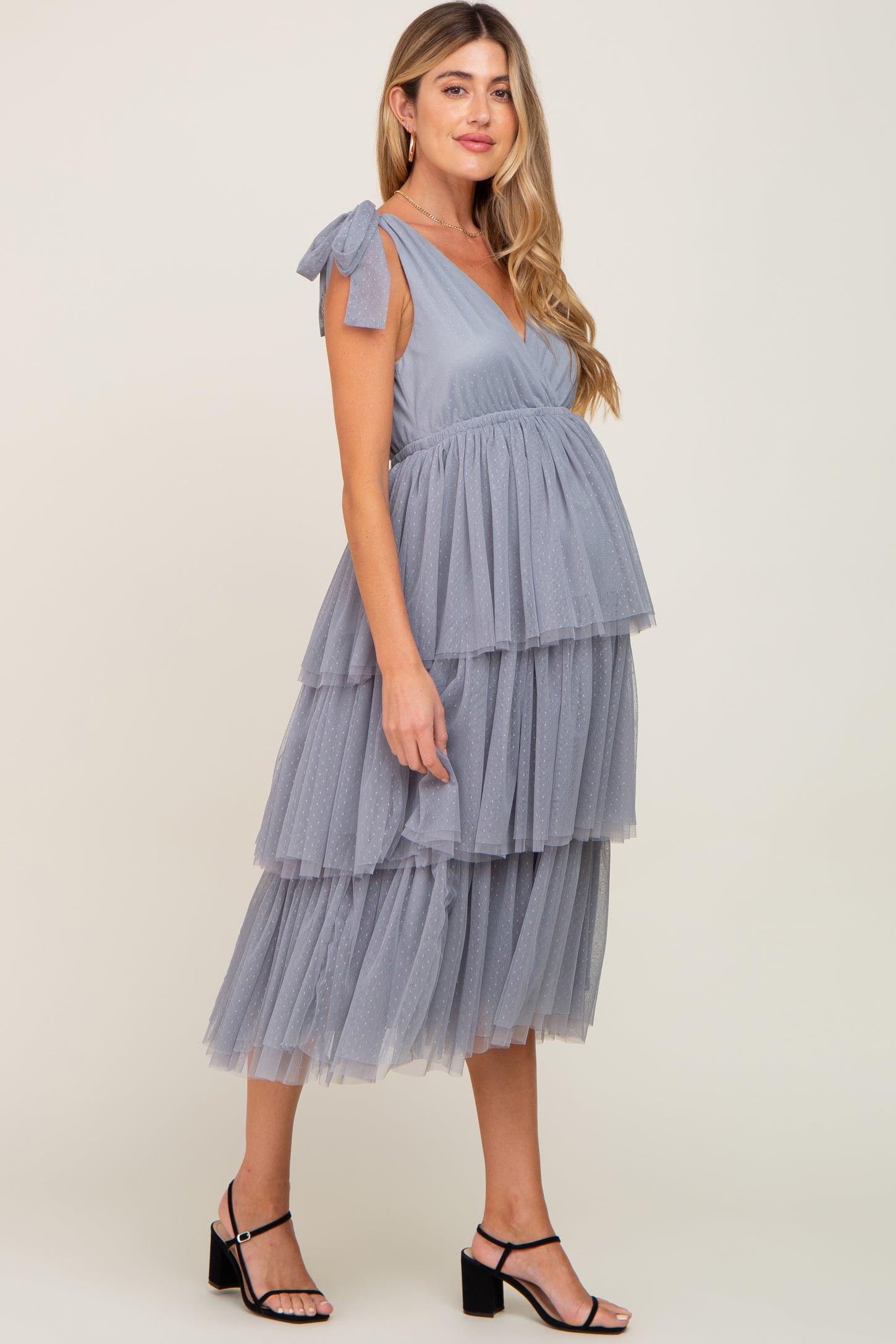 Light Blue Sleeveless Tiered Tie Strap Tulle Maternity Midi Dress PinkBlush Light Blue Sleeveless Tiered Tie Strap Tulle Maternity Midi Dress PinkBlush