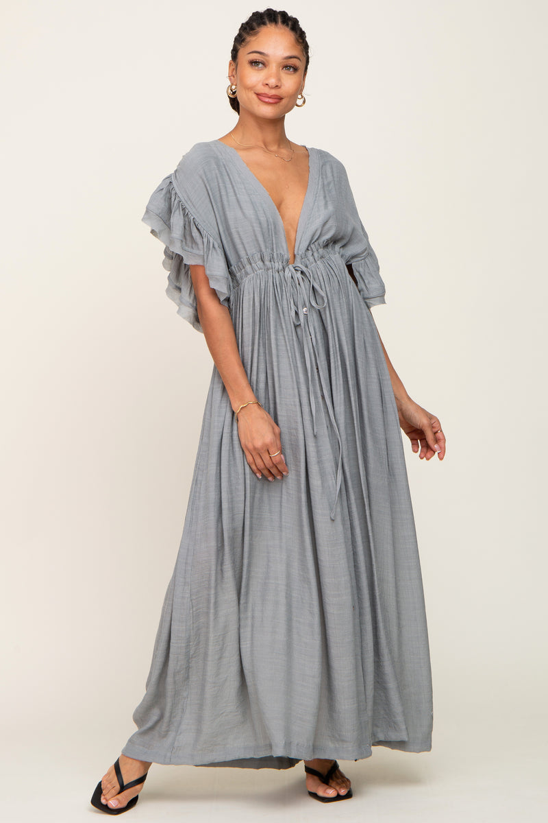 Crimson Gladiolus Long Maxi Button Cotton Down Dress