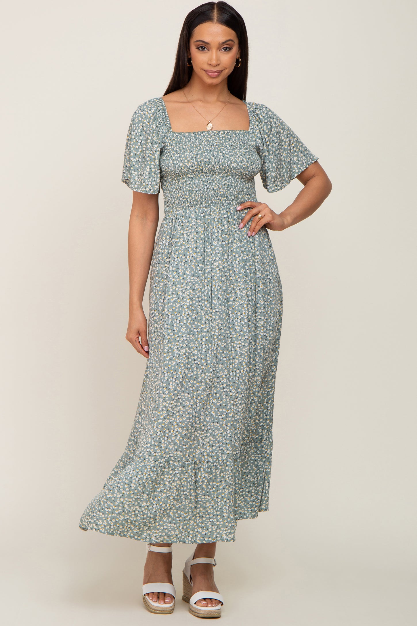 mint green maternity maxi dress Mint Green Floral Smocked Chiffon Maternity Dress