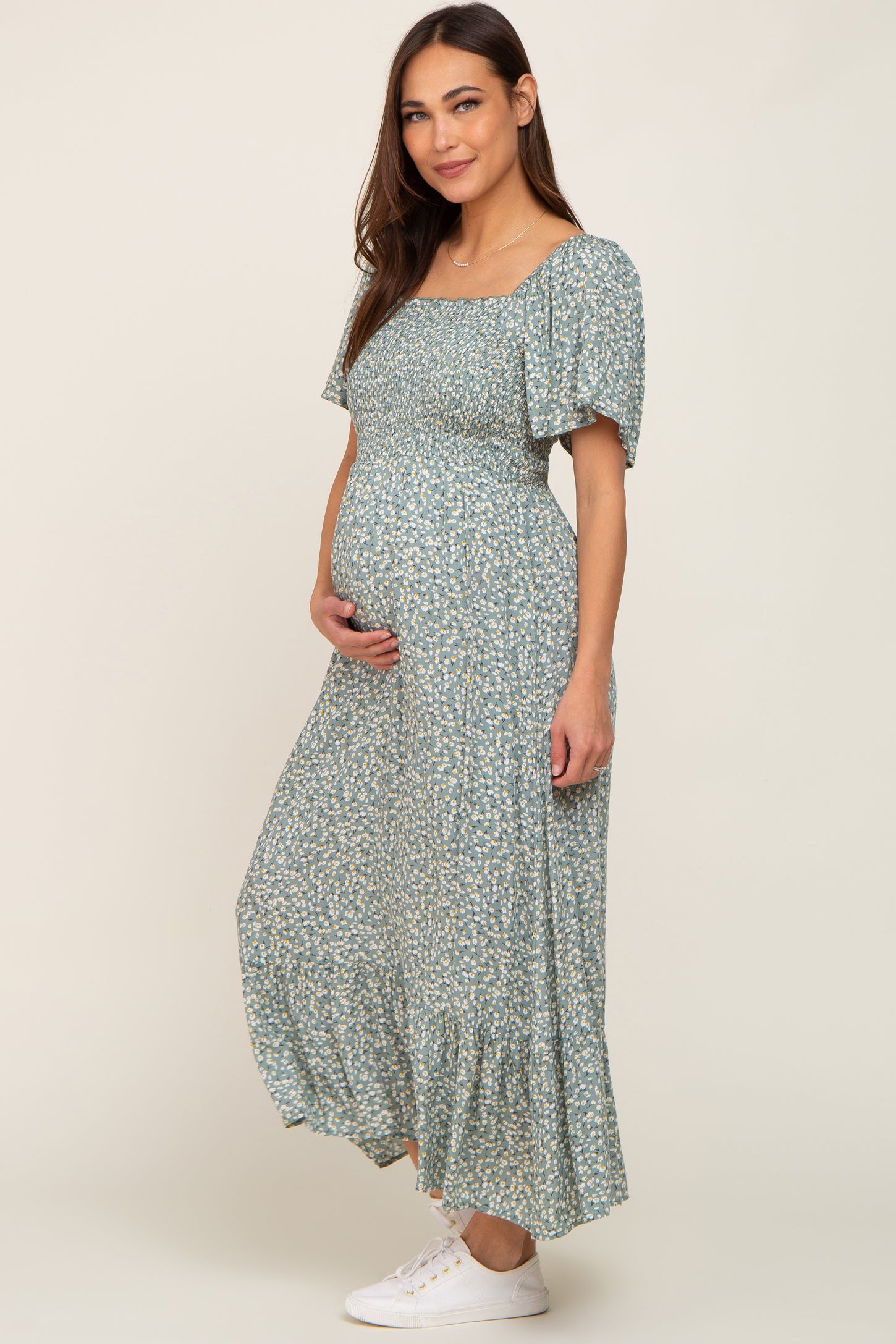 mint green floral maternity dress Mint Green Floral Ruffle Strap Button Down Maternity Dress PinkBlush