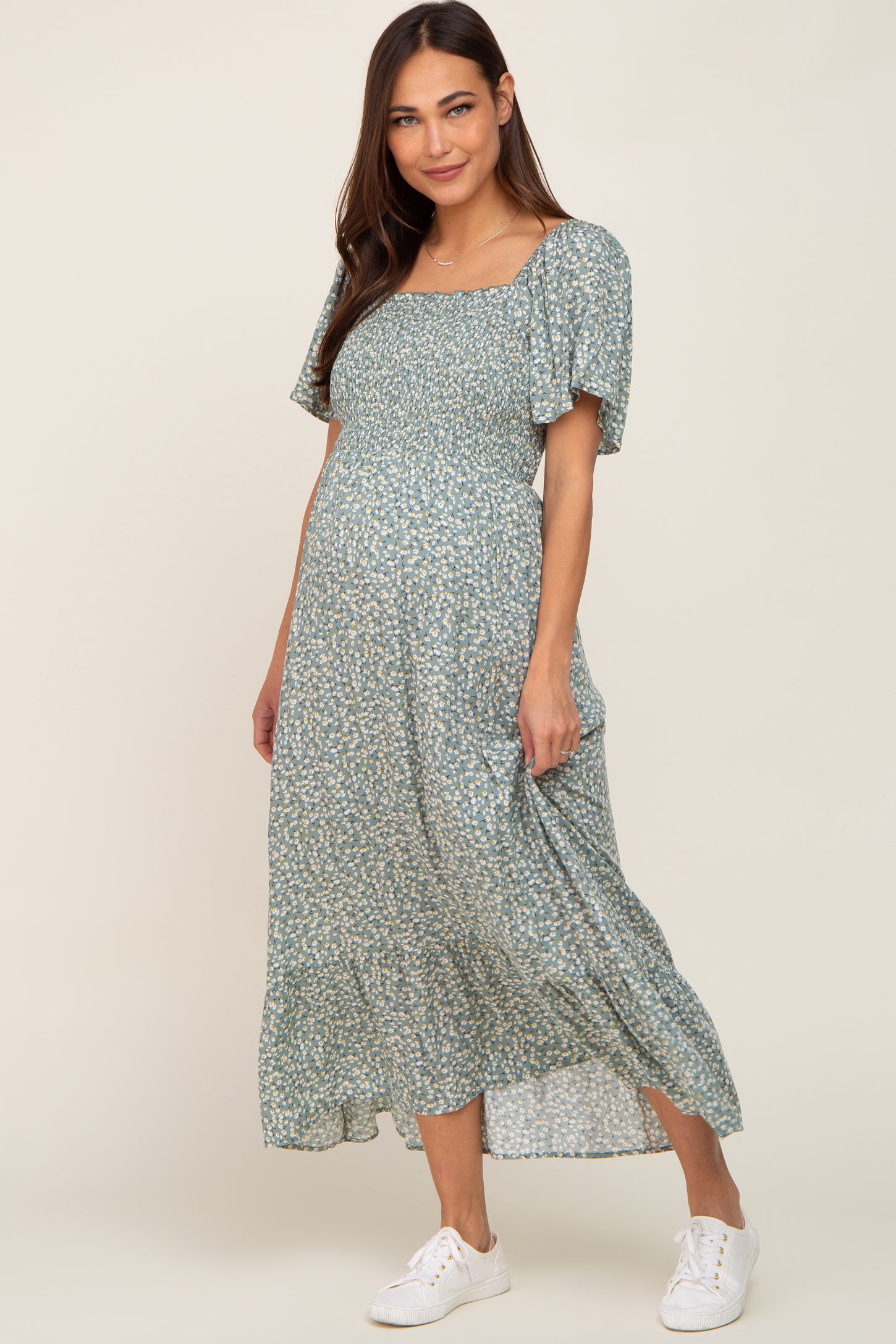 Mint Green Floral Smocked Flounce Sleeve Maternity Maxi Dress PinkBlush Mint Green Floral Smocked Flounce Sleeve Maternity Maxi Dress PinkBlush
