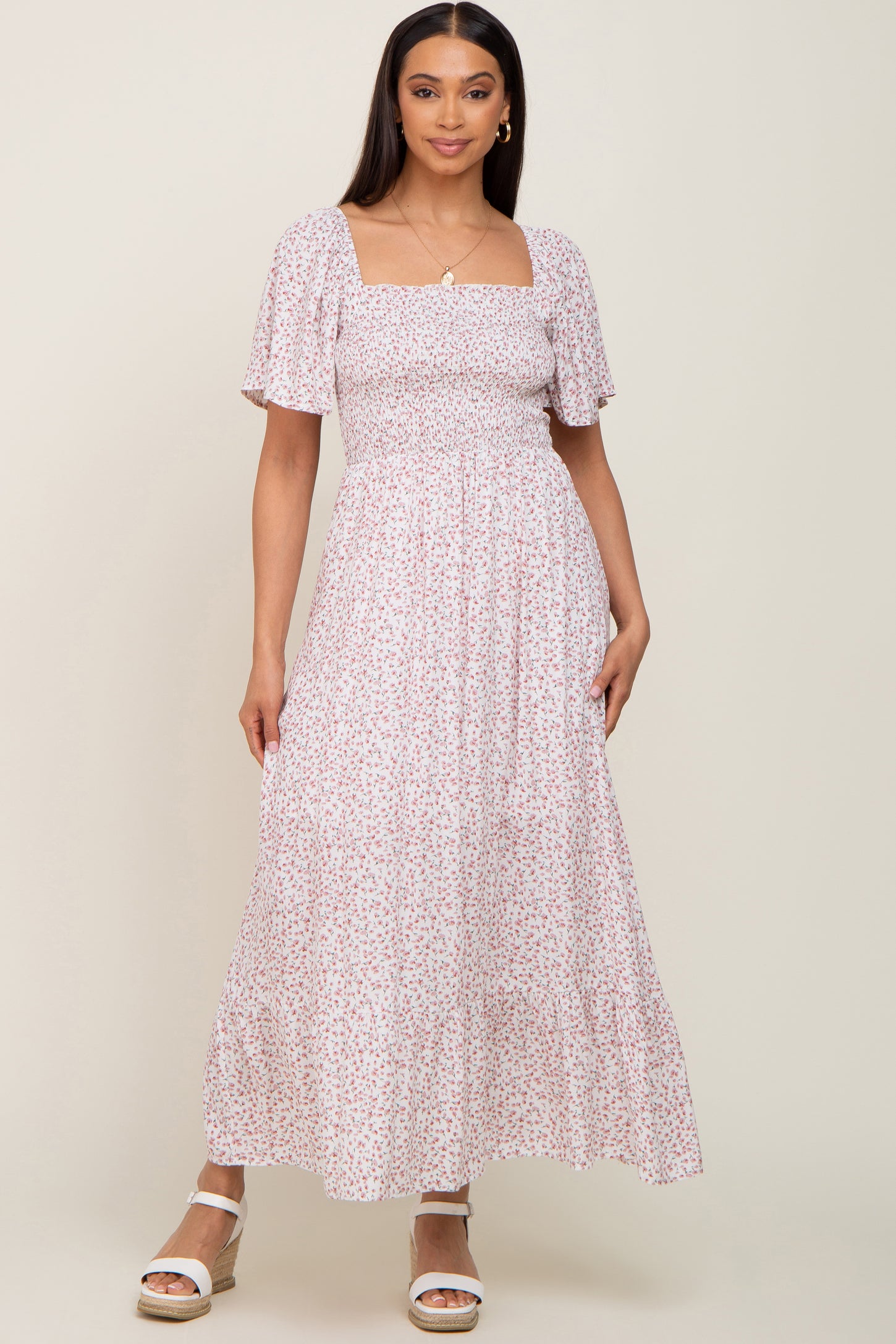 Ivory Floral Smocked Flounce Sleeve Maxi Dress
