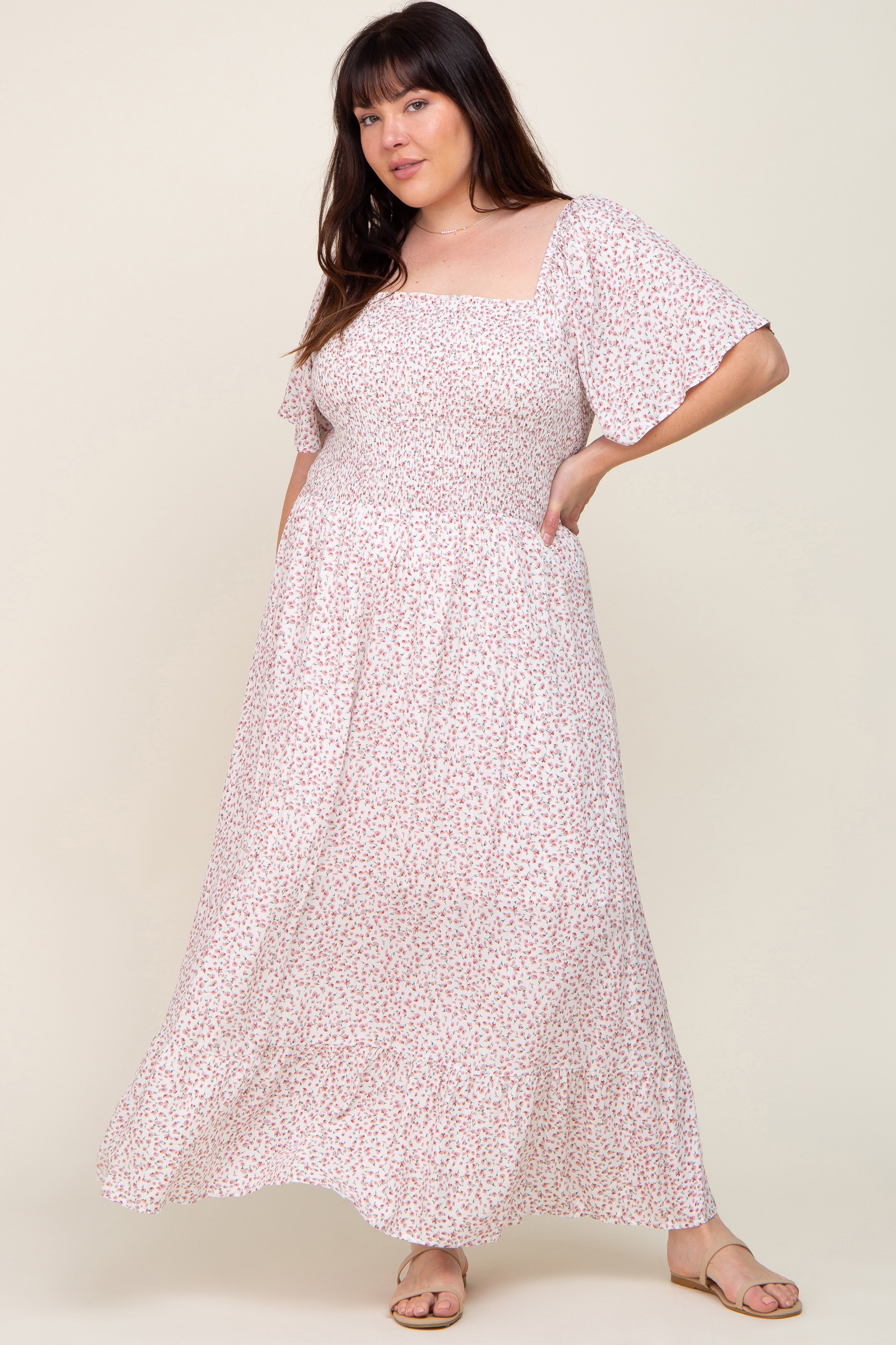 Ivory Floral Smocked Flounce Sleeve Plus Maxi Dress – PinkBlush