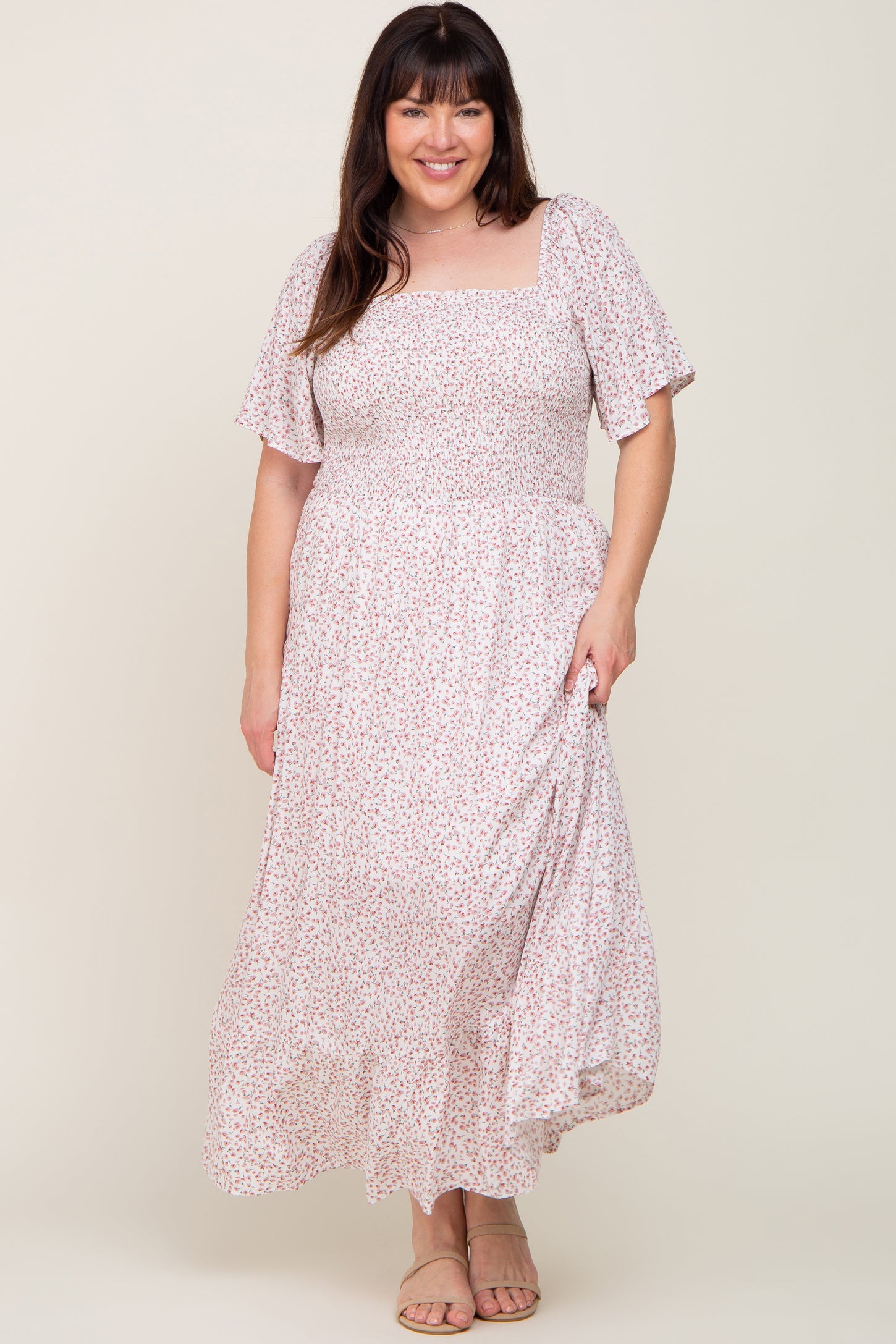 Ivory Floral Smocked Flounce Sleeve Plus Maxi Dress