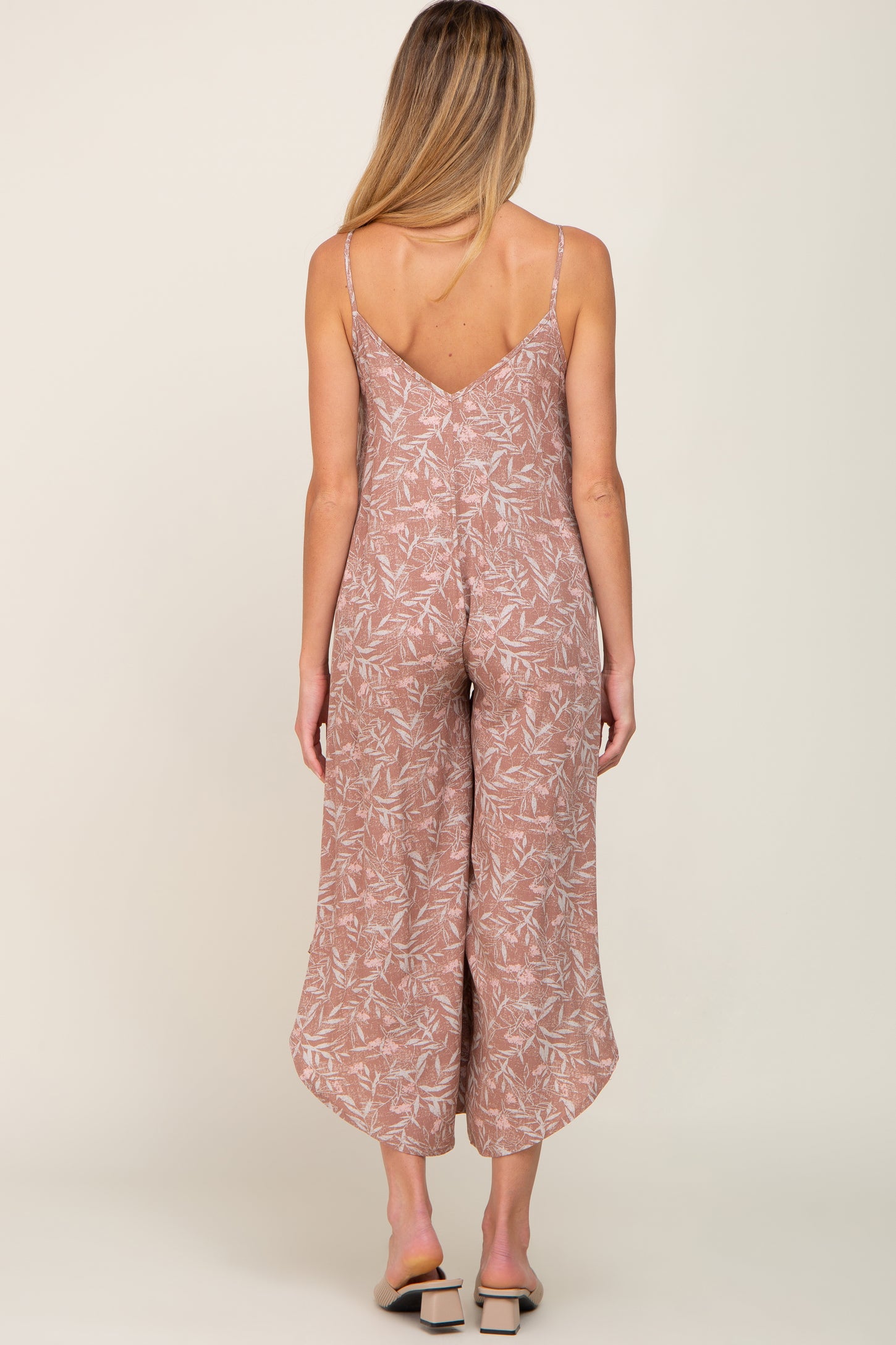 Mocha Leaf Print Asymmetrical Maternity Jumpsuit