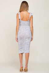 Light Blue Floral Ruched Shoulder Tie Dress
