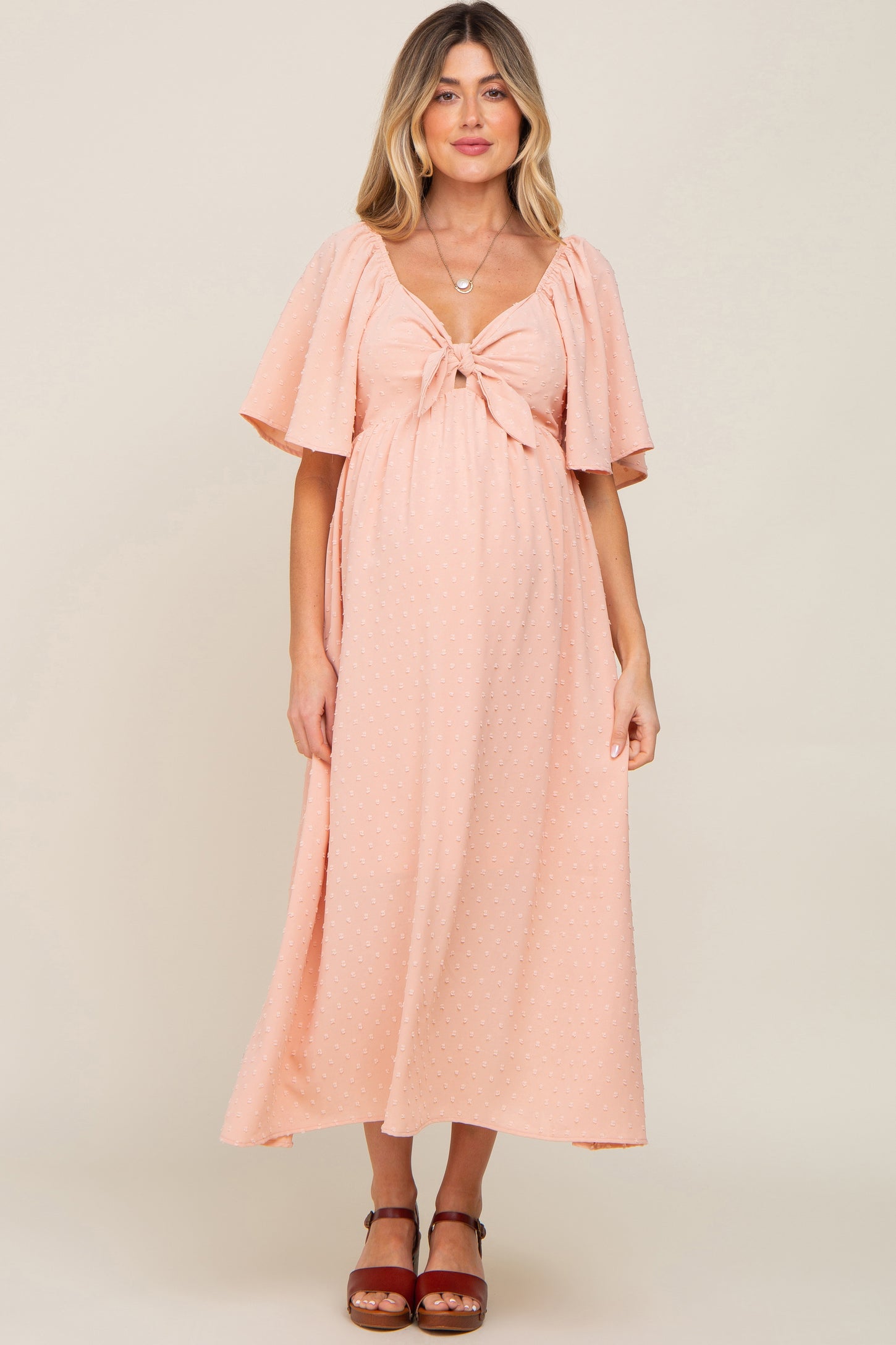 peach midi dress with sleeves PinkBlush Peach Front Tie Ruffle Sleeve Maternity Midi Dress XL