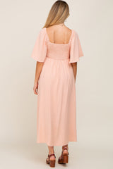 Peach Textured Dot Front Tie Ruffle Sleeve Maternity Midi Dress