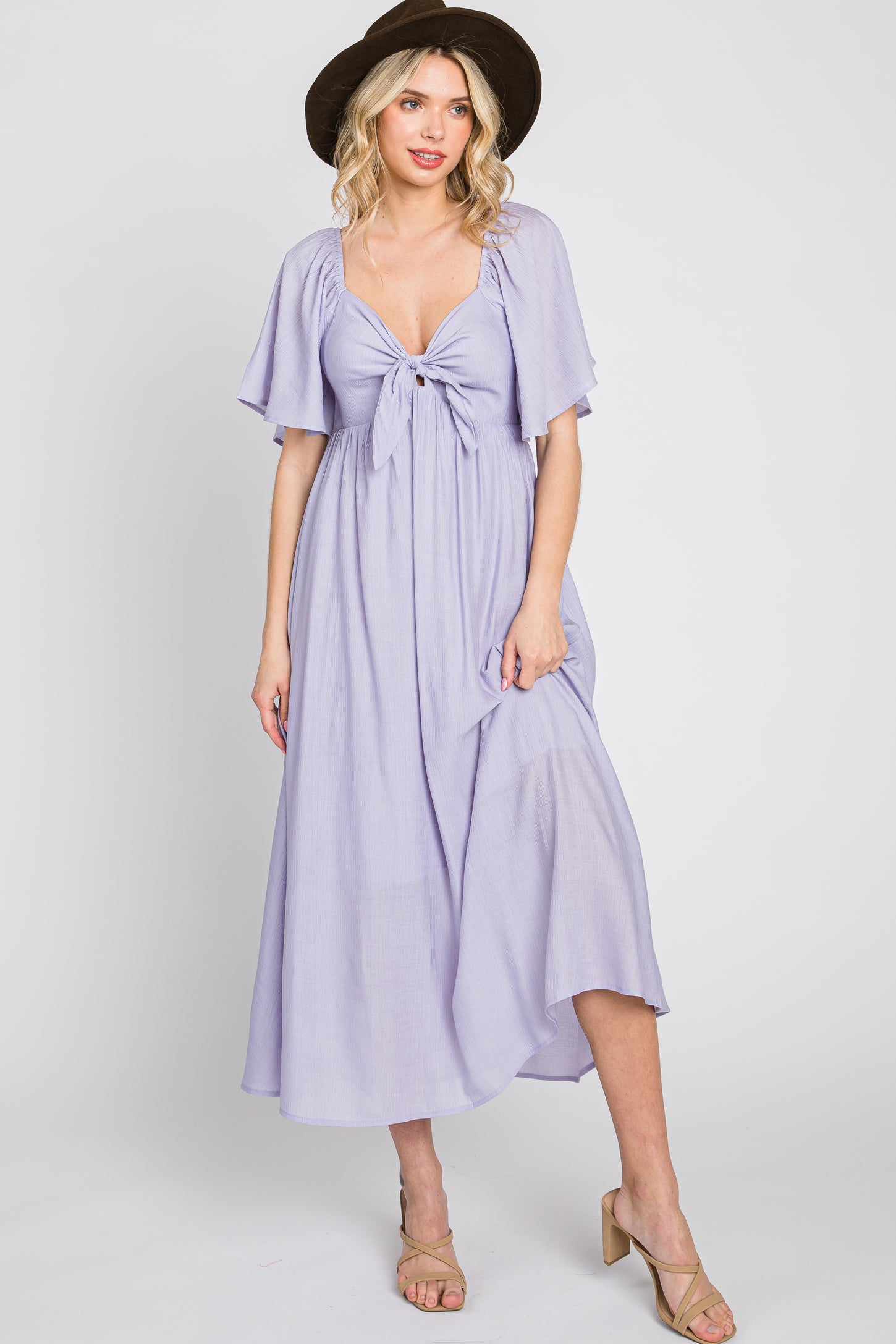 Lavender Front Tie Ruffle Sleeve Maternity Midi Dress