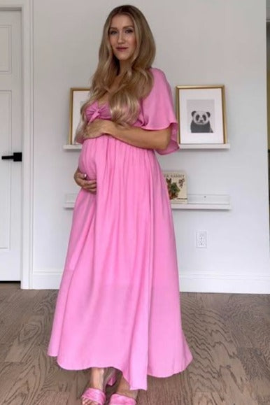 Pinkblush Pink Front Tie Ruffle Sleeve Maternity Midi Dress Small
