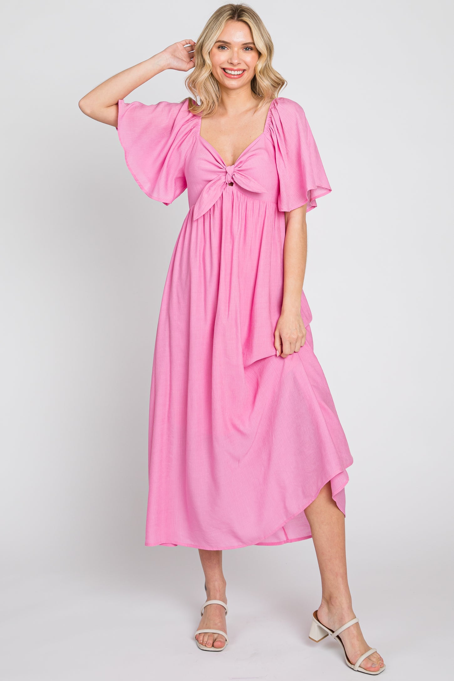 PinkBlush Pink Front Tie Ruffle Sleeve Maternity Midi Dress Large