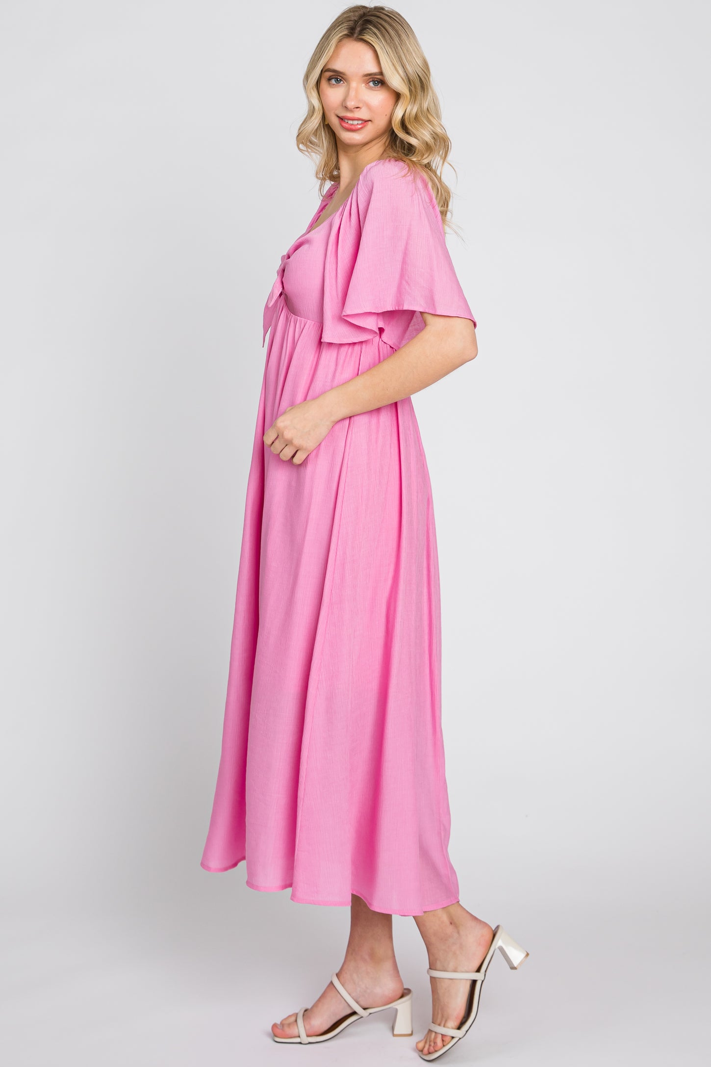 Pink Front Tie Ruffle Sleeve Midi Dress