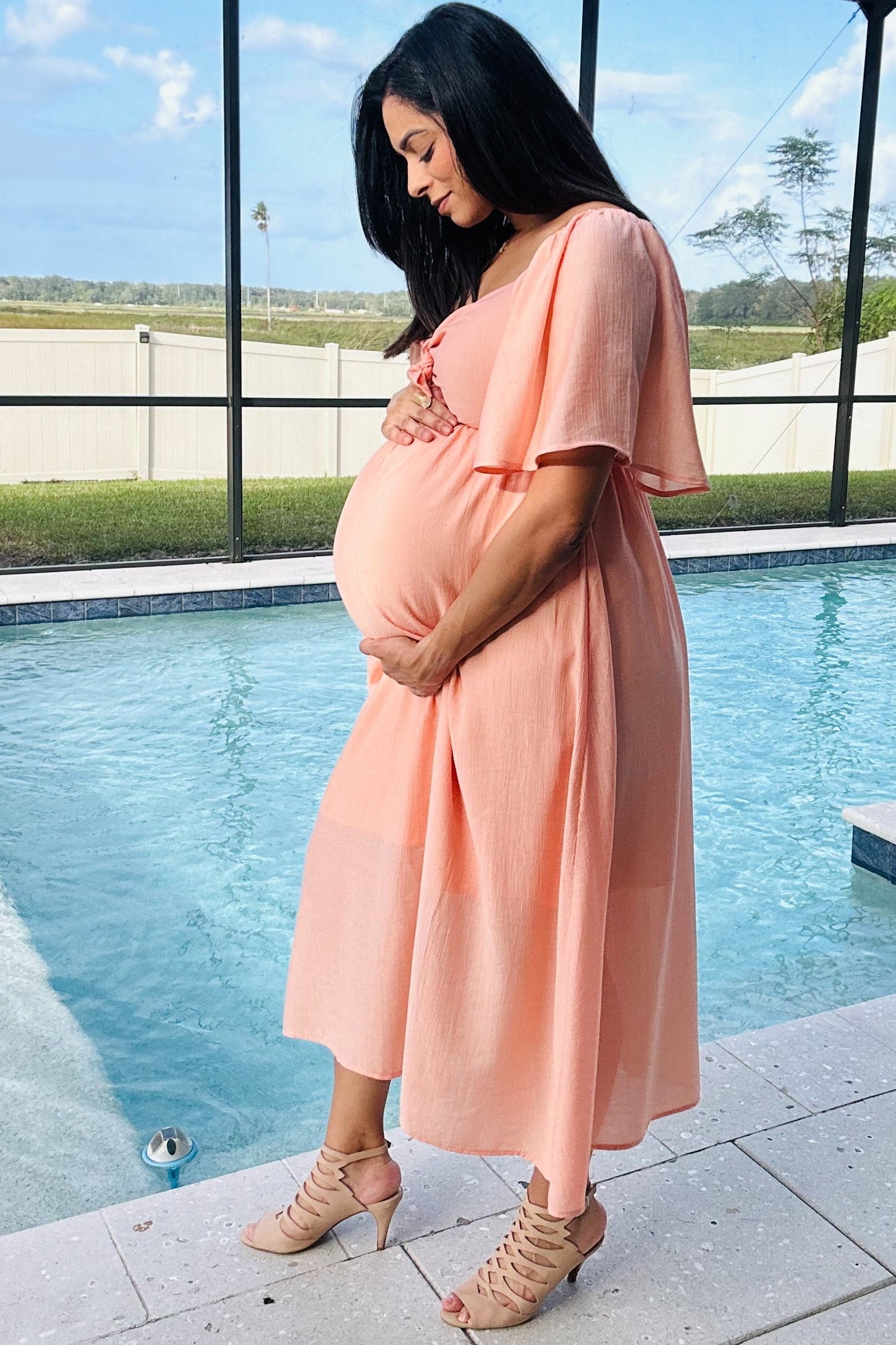 Peach Front Tie Ruffle Sleeve Maternity Midi Dress Peach Front Tie Ruffle Sleeve Maternity Midi Dress