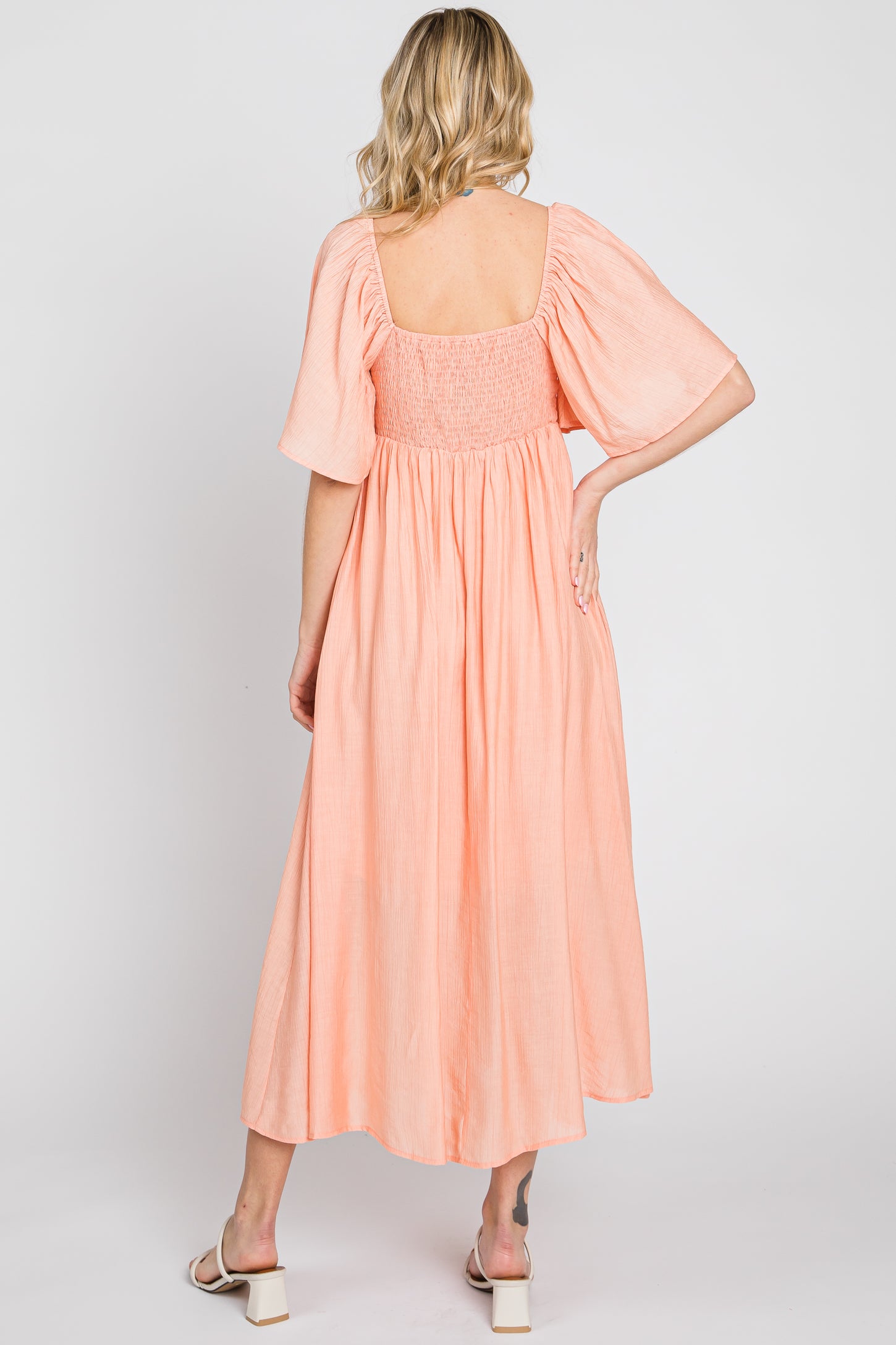 midi peach dresses for women Peach Front Tie Ruffle Sleeve Maternity Midi Dress
