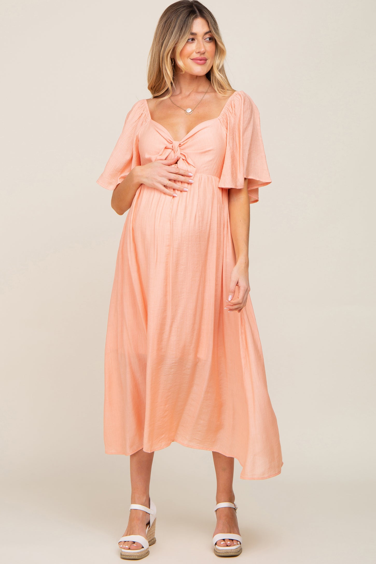 Peach Front Tie Ruffle Sleeve Maternity Midi Dress Peach Front Tie Ruffle Sleeve Maternity Midi Dress
