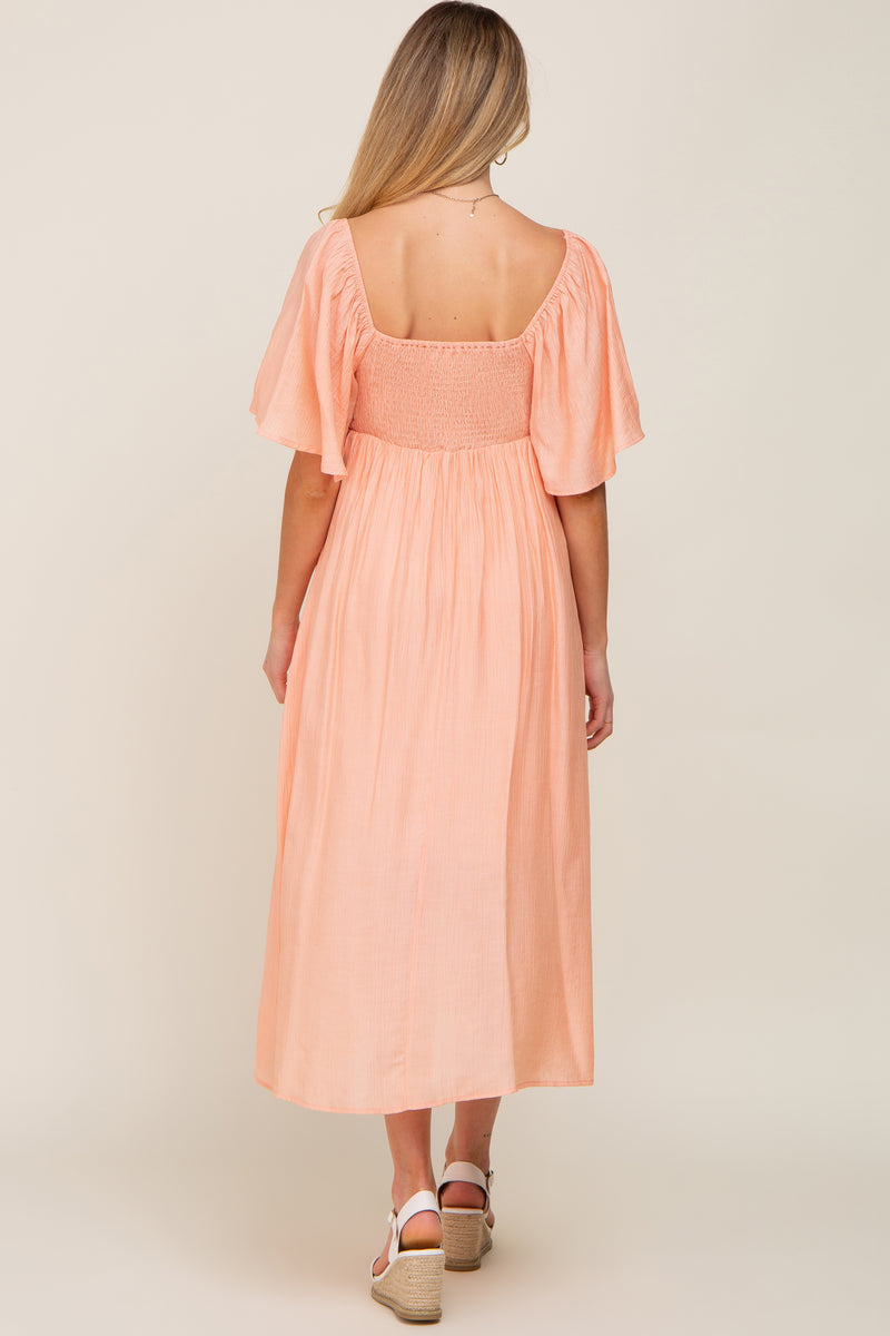Peach Front Tie Ruffle Sleeve Maternity Midi Dress Peach Front Tie Ruffle Sleeve Maternity Midi Dress