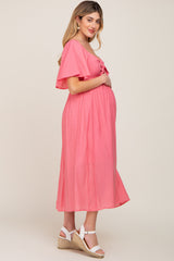 Coral Front Tie Ruffle Sleeve Maternity Midi Dress