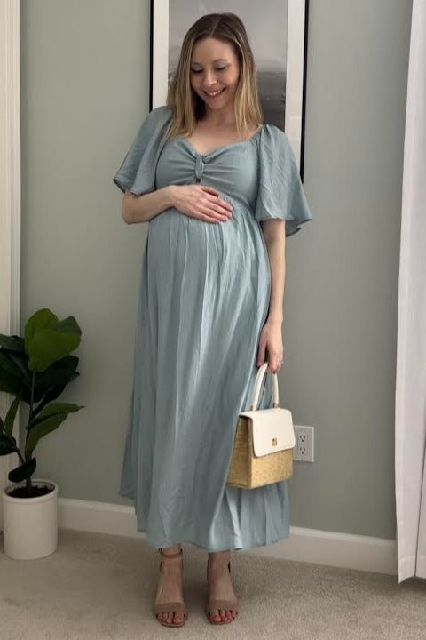 Blue Front Tie Ruffle Sleeve Maternity Midi Dress