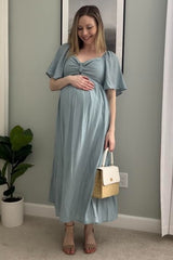 Blue Front Tie Ruffle Sleeve Maternity Midi Dress