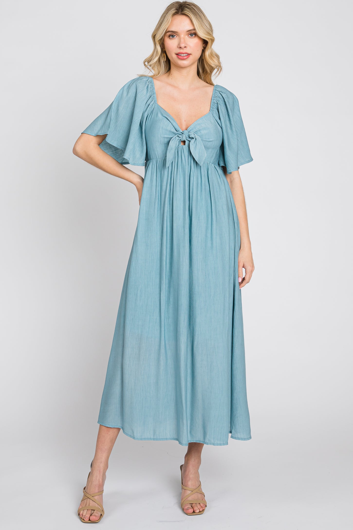 PinkBlush Blue Front Tie Ruffle Sleeve Maternity Midi Dress XL PinkBlush Blue Front Tie Ruffle Sleeve Maternity Midi Dress XL