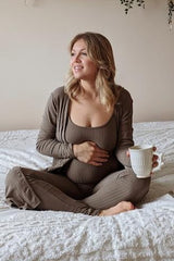 Mocha Ribbed Maternity Jumpsuit Two Piece Set