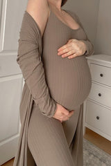 Mocha Ribbed Maternity Jumpsuit Two Piece Set