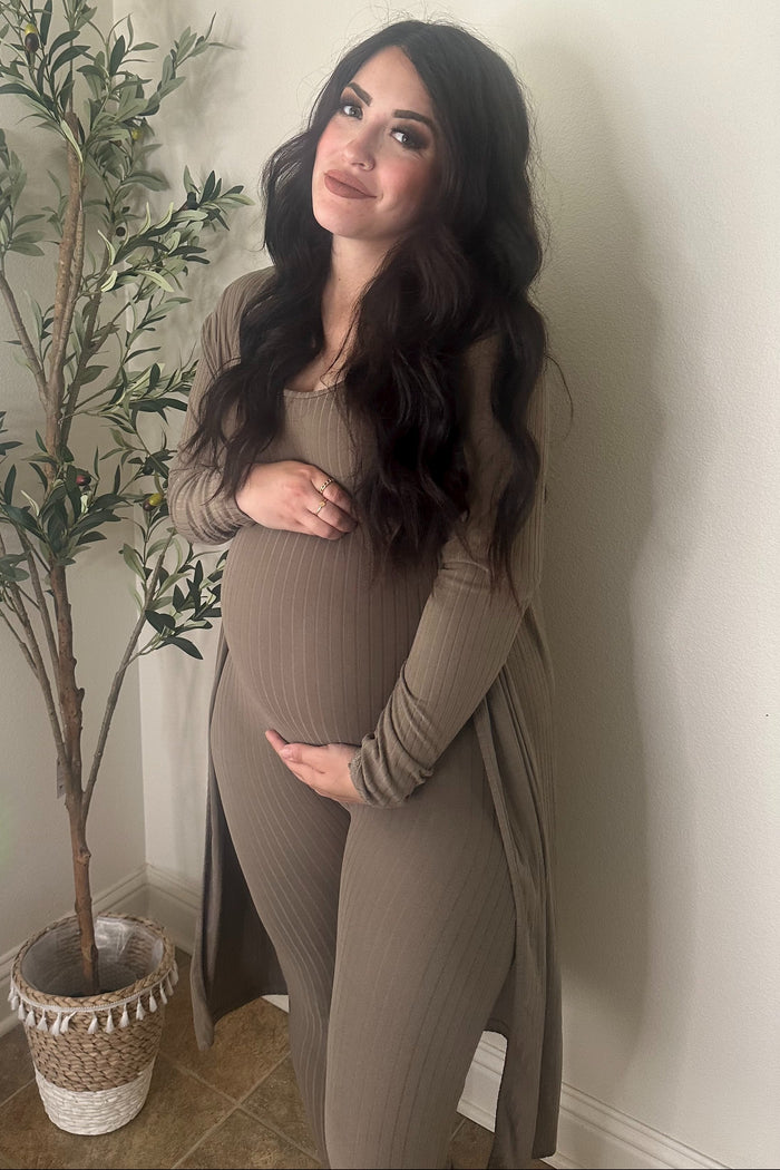 Mocha Ribbed Maternity Jumpsuit Two Piece Set