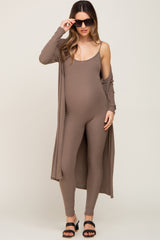 Mocha Ribbed Maternity Jumpsuit Two Piece Set