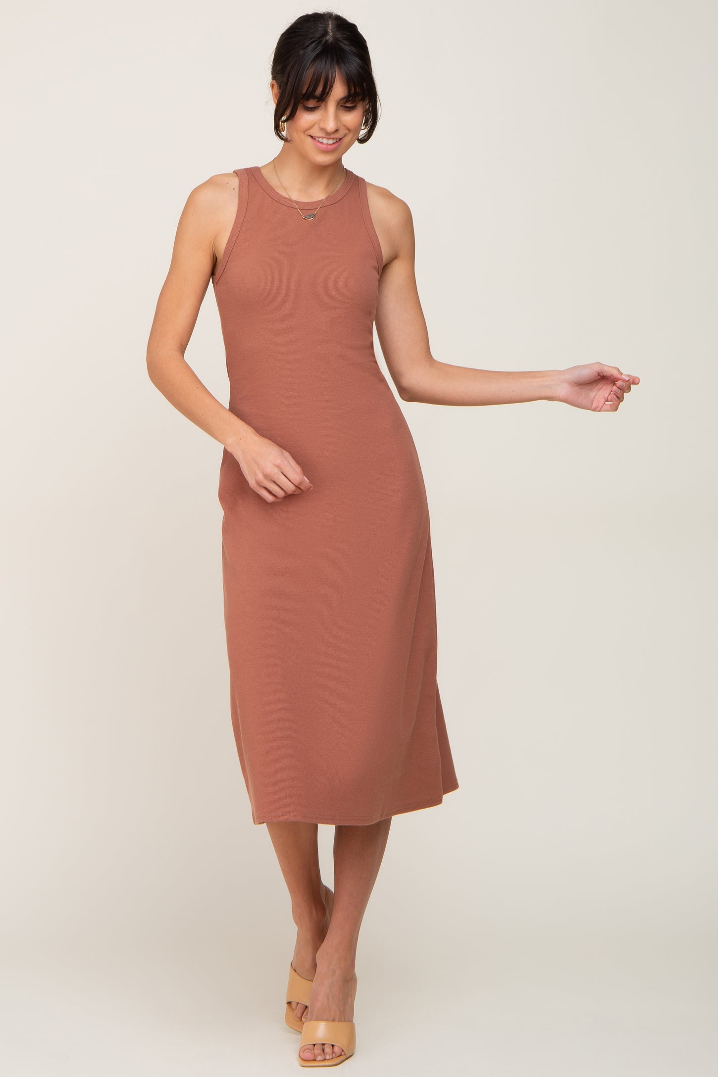 Rust Ribbed Sleeveless A-Line Midi Dress PinkBlush Rust Ribbed Sleeveless A-Line Midi Dress PinkBlush