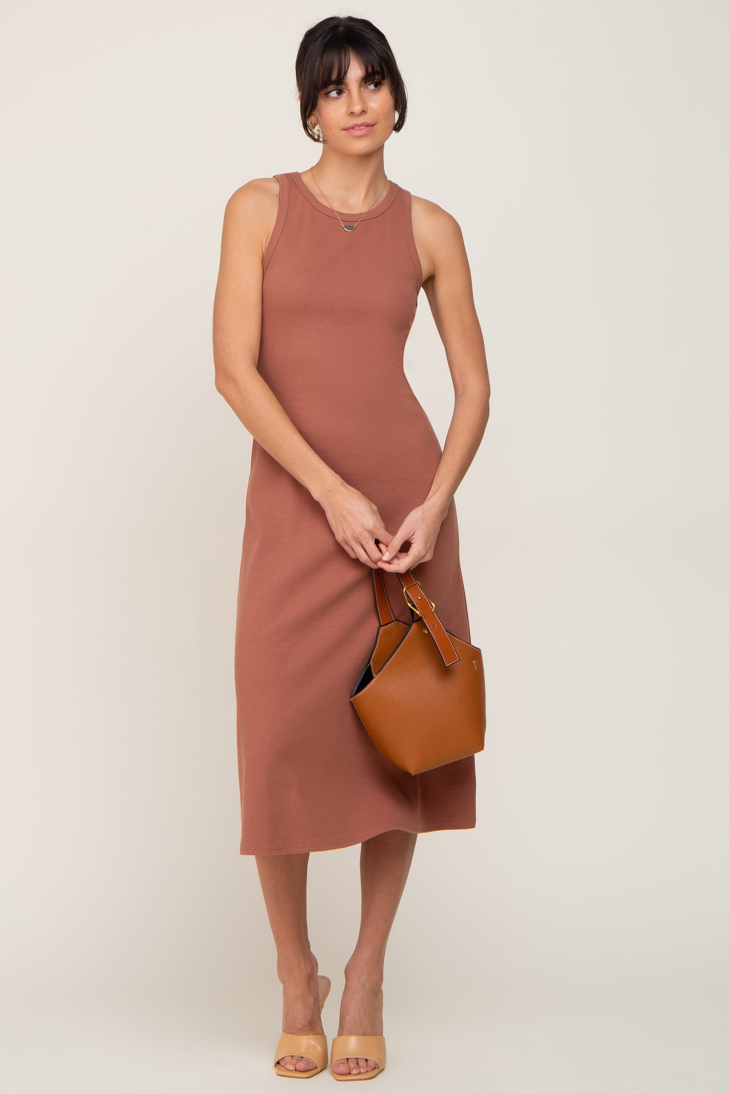 Rust Ribbed Sleeveless A-Line Midi Dress