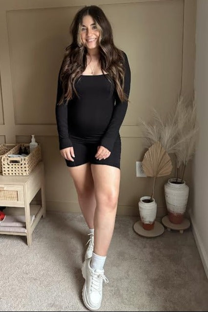 Black Square Neck Long Sleeve Maternity Romper
