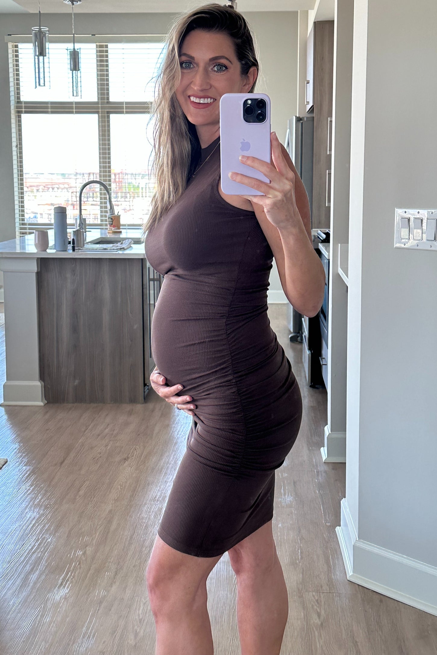 Brown Ribbed Ruched Maternity Fitted Dress