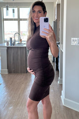 Brown Ribbed Ruched Maternity Fitted Dress