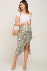 Light Olive Floral Drawstring Front Maternity Midi Skirt