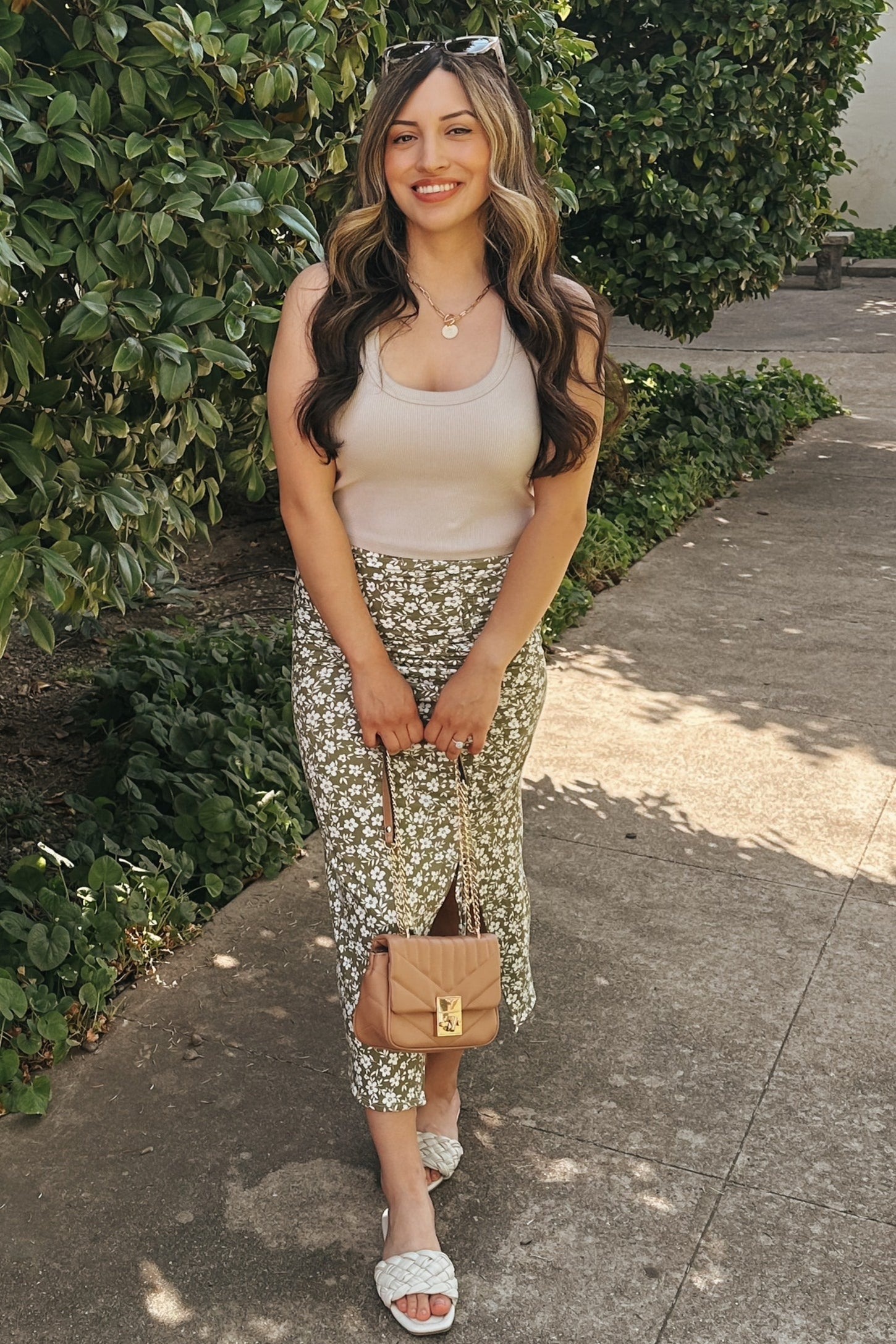 Light Olive Floral Drawstring Front Midi Skirt